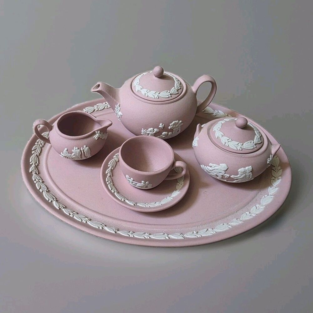 Wedgwood White on Pink Jasperware Miniature 6-Piece Tea Set Teapot & Creamer